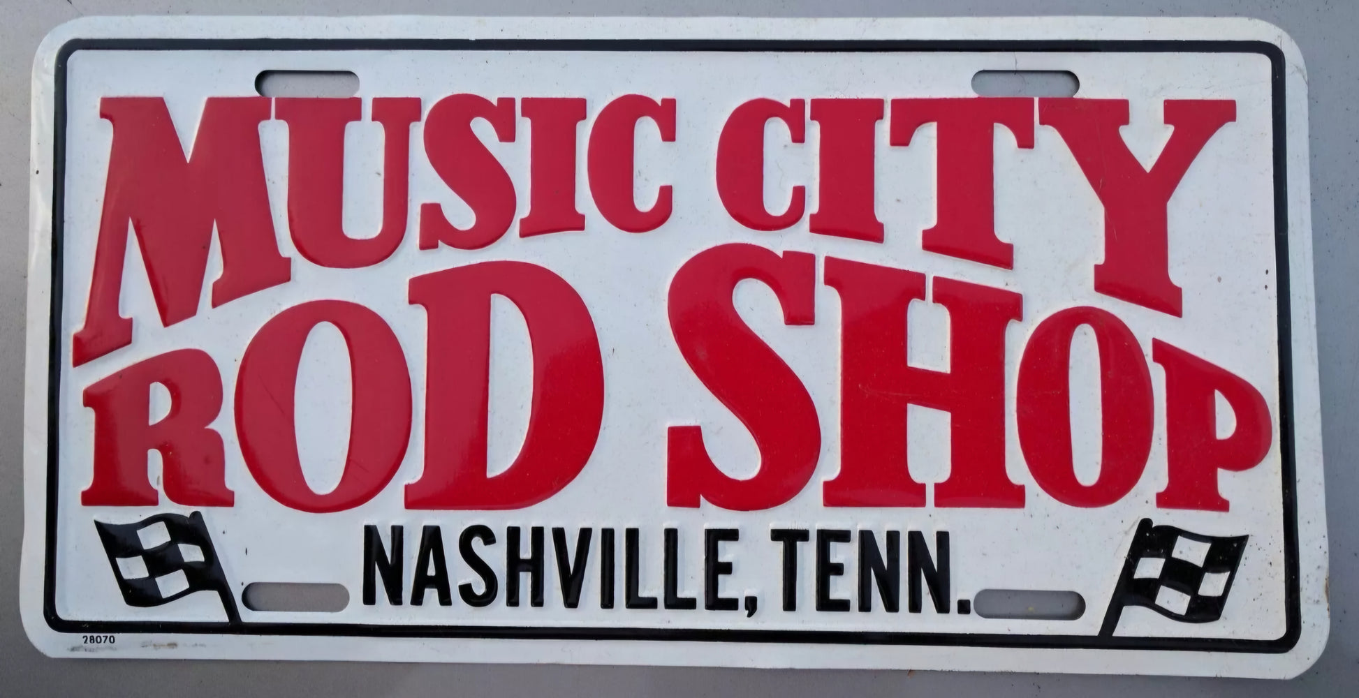 Iconic Music City Rod Shop license Plate. Speed Shop selling Speed Equipment NASCAR NHRA Midgets Sprints Late Model